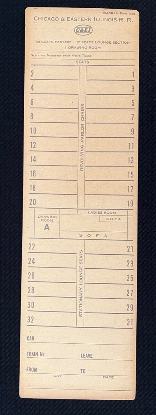 RARE Vintage Chicago & Eastern Illinois Rail Road Coach Diagram Card