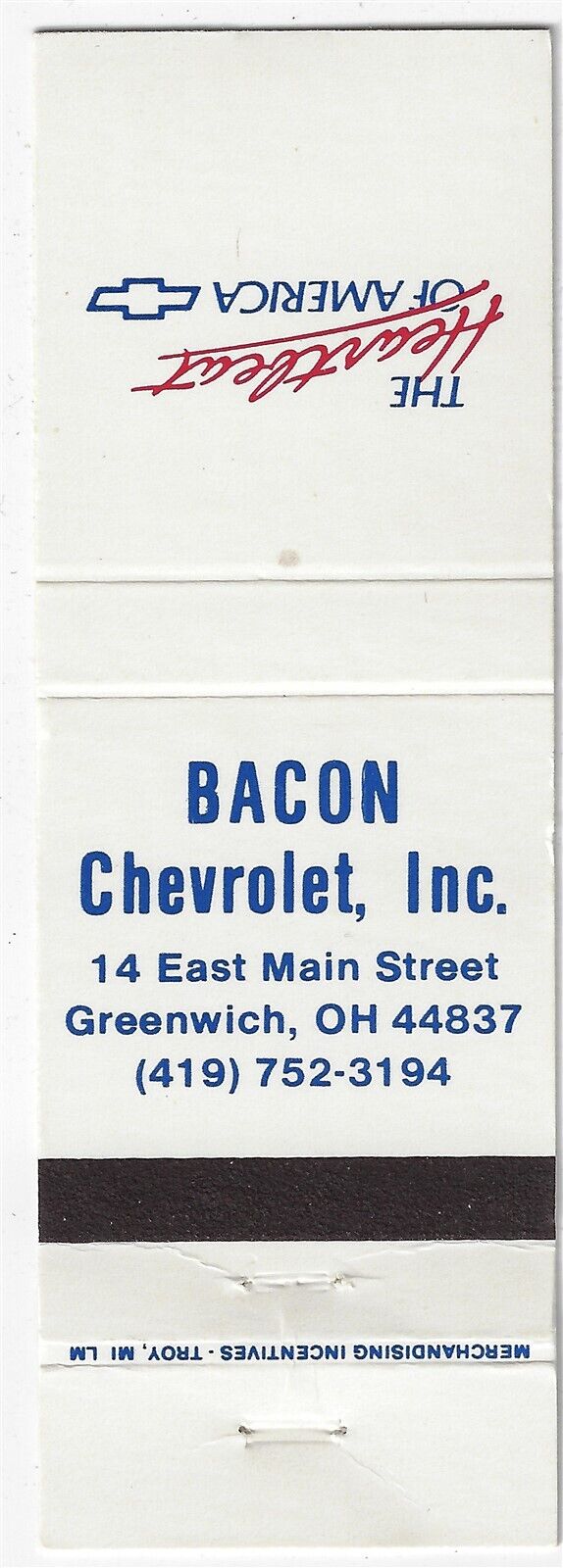 Bacon Chevrolet Inc. Greenwich OH The Heartbeat of America RS Empty Matchcover