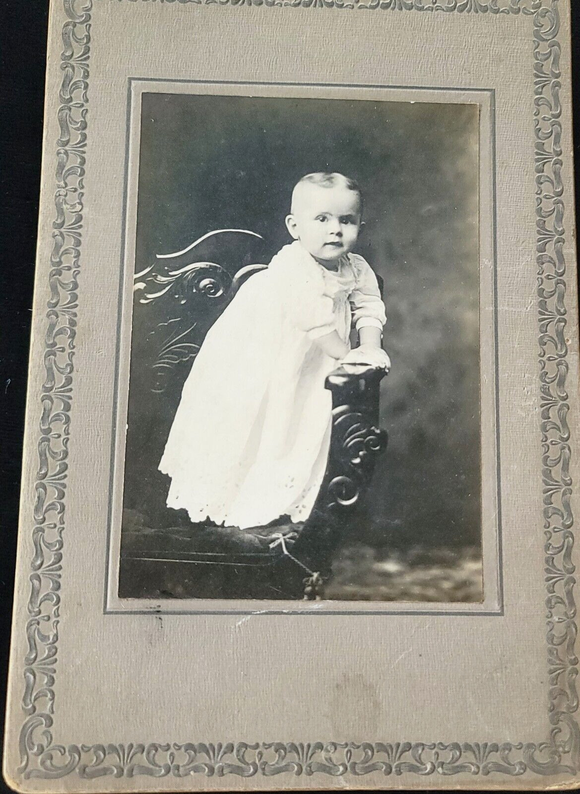 Young Child Standing on a Chair White Eyelet Lace Dress Vintage Cabinet Card