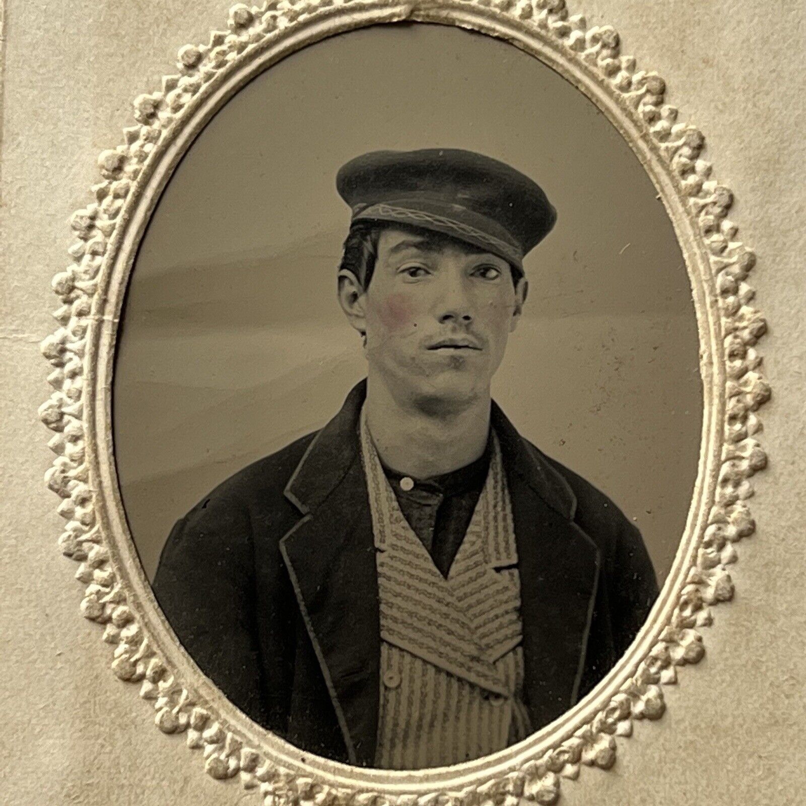 Antique Tintype Photograph Handsome Young Man Cap Occupational Philadelphia PA