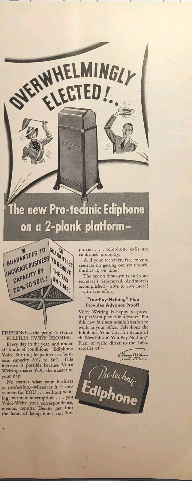 Pro-Technic Ediphone Voice Writer Ballot Box Election \'36 Vintage Print Ad 1936