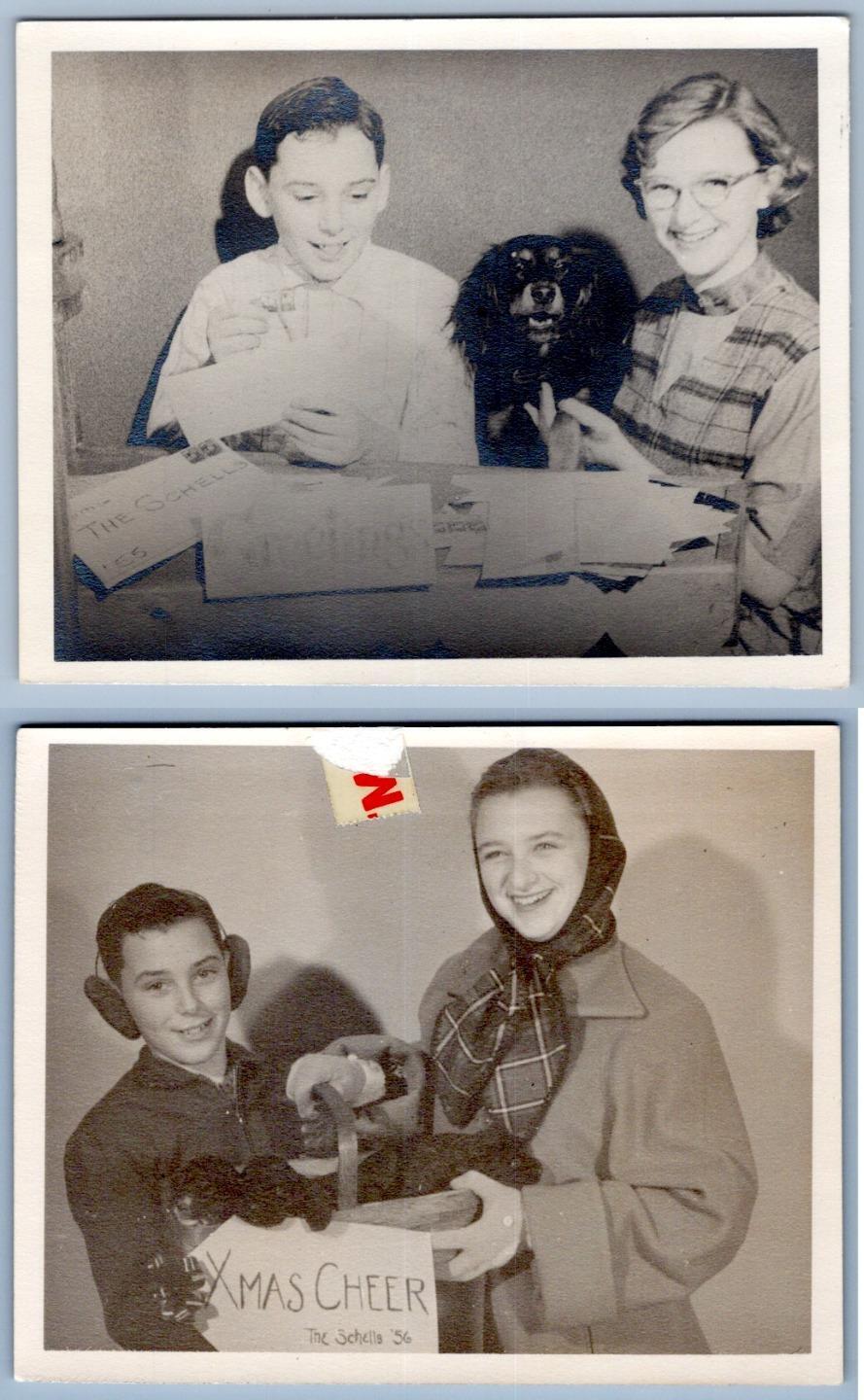 1955 & 1956 SET OF 2 THE SCHELLS BOY GIRL DOG PHOTO ANNUAL CHRISTMAS CARDS PICS