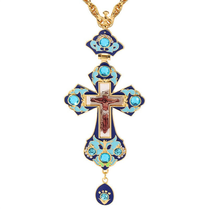 Orthodox Pectoral Cross Pendant Necklace Crucifix Jesus Catholic Blue Icon Gift