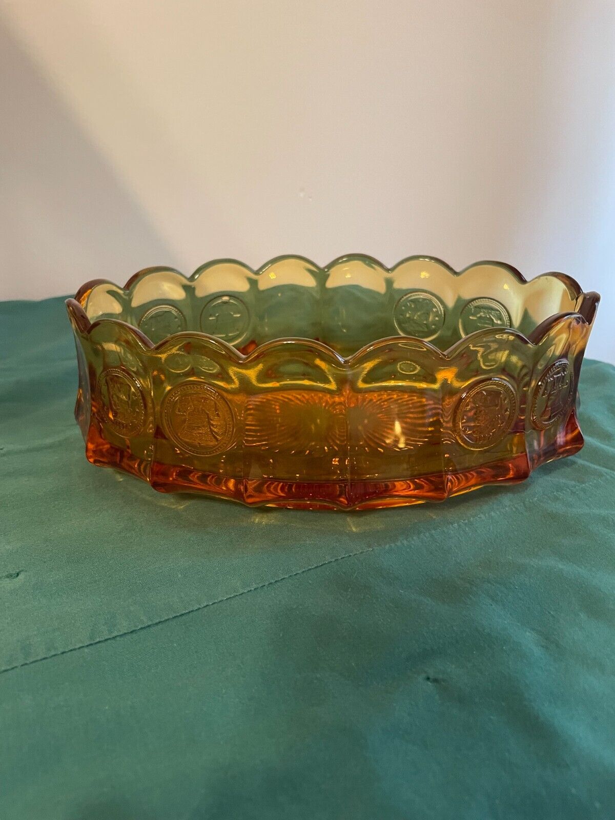 Vintage Fostoria Amber Crystal Glass Coin Oval Bowl 8.5\
