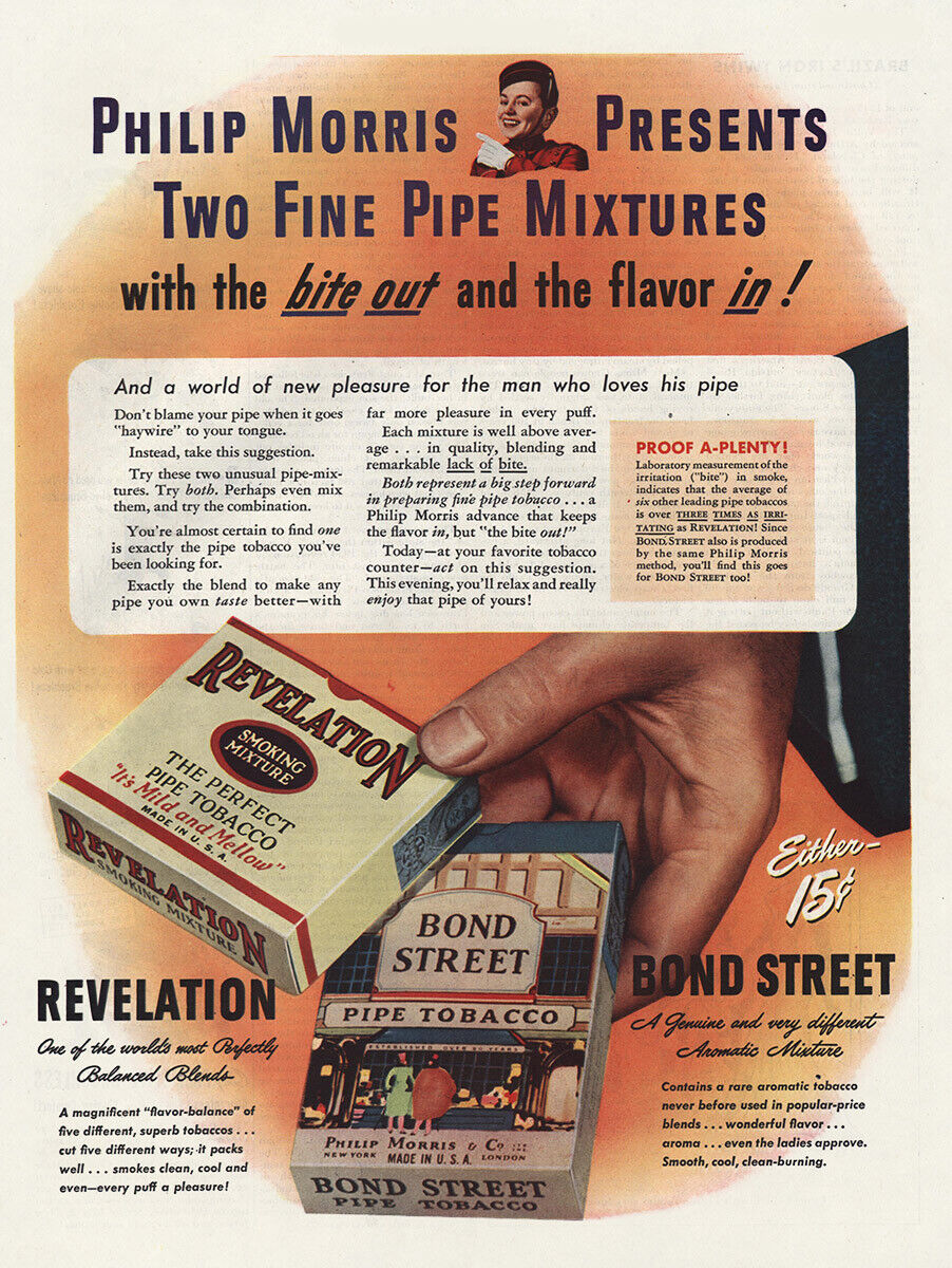1945 Philip Morris: Two Fine Pipe Mixtures Revelation Bond Vintage Print Ad