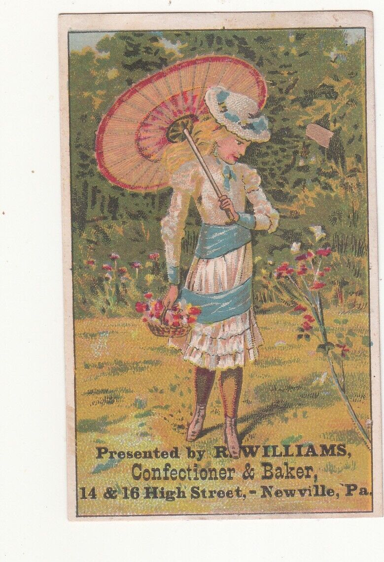 R Williams Confectioner Baker Newville PA Lady w Parasol Vict Card c1880s