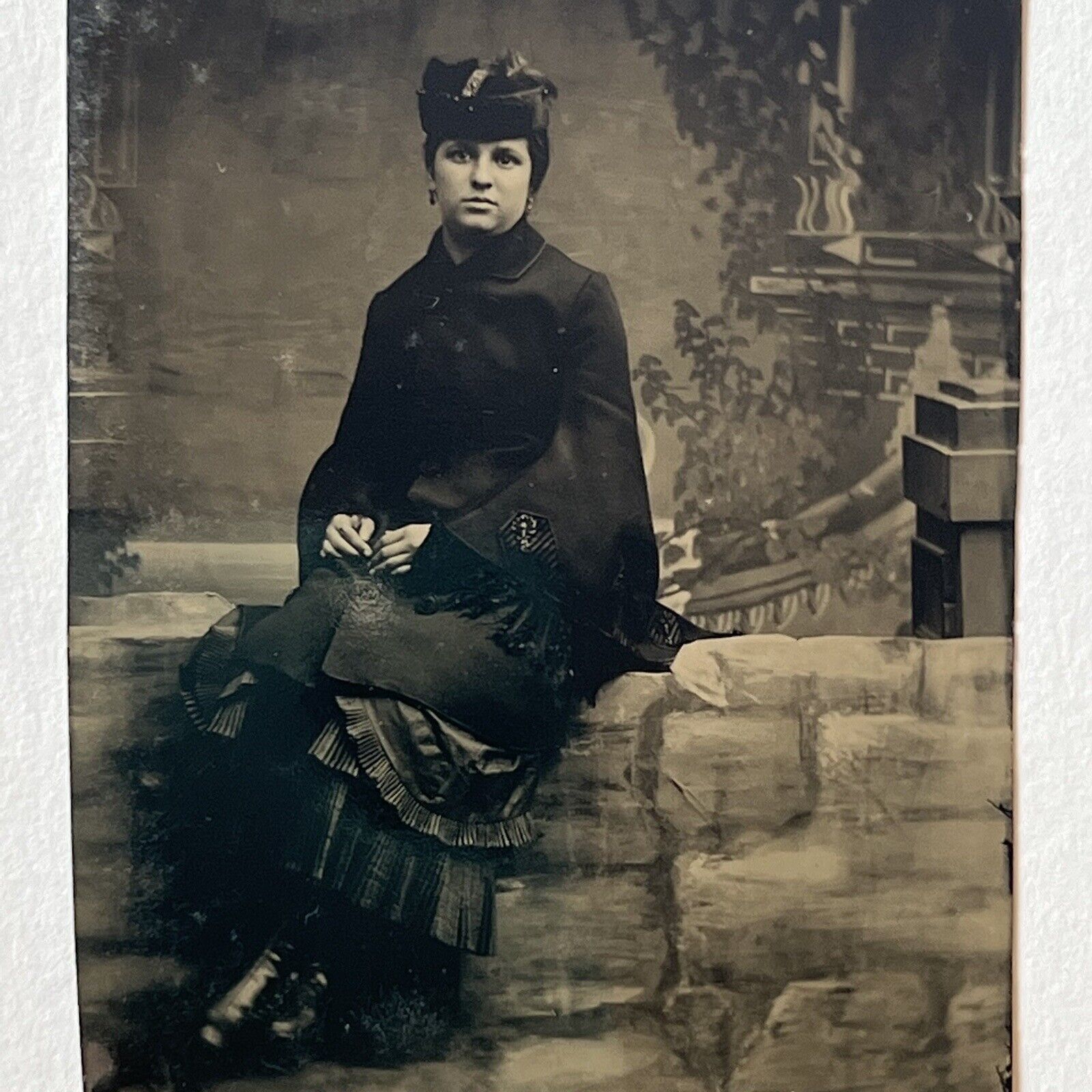 Antique Tintype Photograph Beautiful Stoic Young Woman Coat & Hat