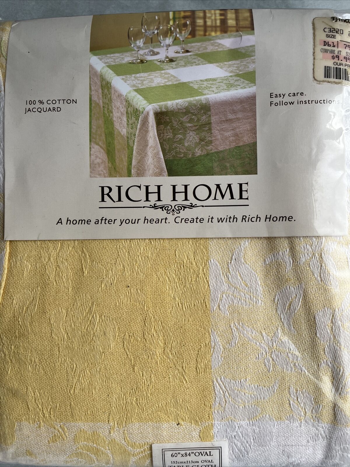 Rich Home Tablecloth Oval 60x84  100% Cotton Jacquard Yellow NIP