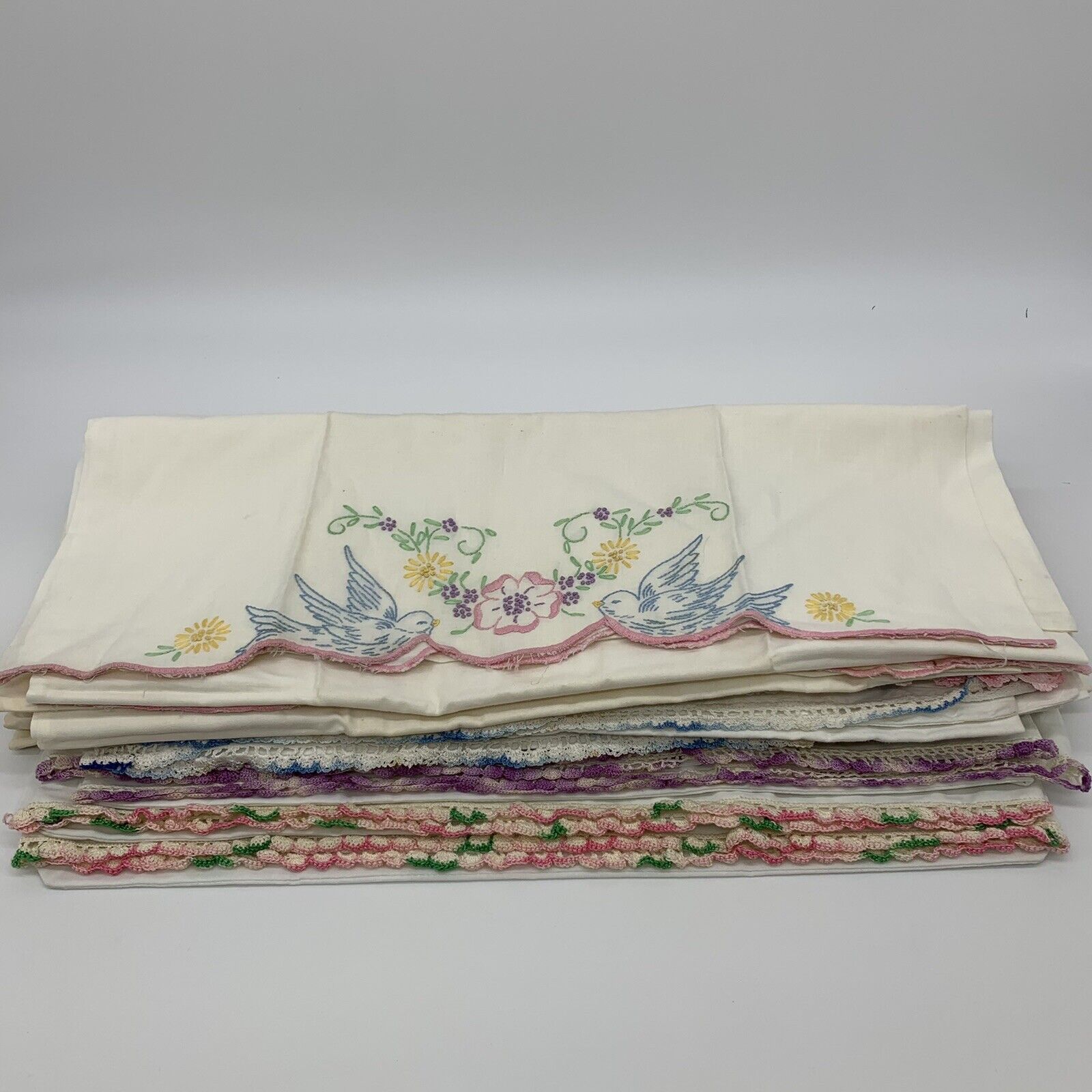 VTG 1970s Hand Embroidered Floral & Bird Themed Pillowcases - 7 sets, 14 total