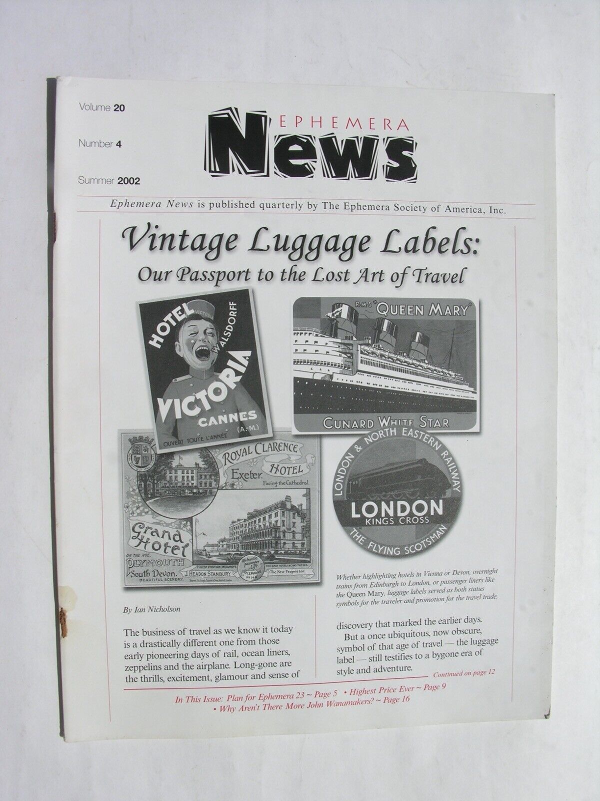EPHEMERA NEWS Summer 2002 Vintage Luggage Labels John Wanamaker