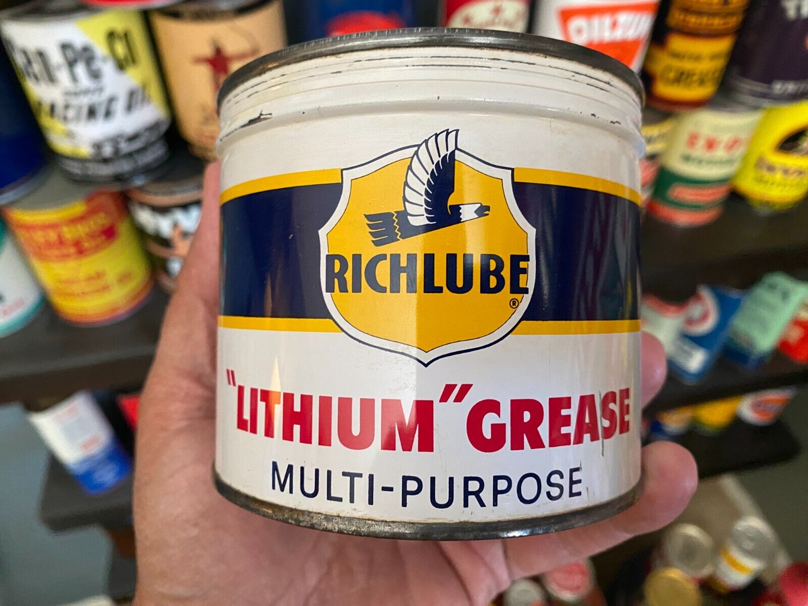 VINTAGE~ FULL NOS~ RICHFIELD RICHLUBE 1 POUND GREASE CAN~ SUPER RARE NICE CAN