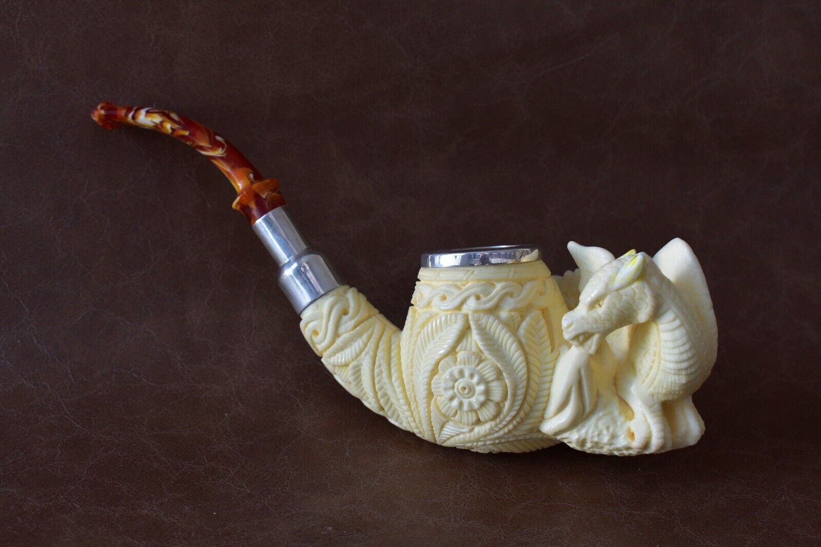 Ali Ornate Bowl Dragon Pipe Handmade  Block Meerschaum-NEW W CASE#1707 W Silver