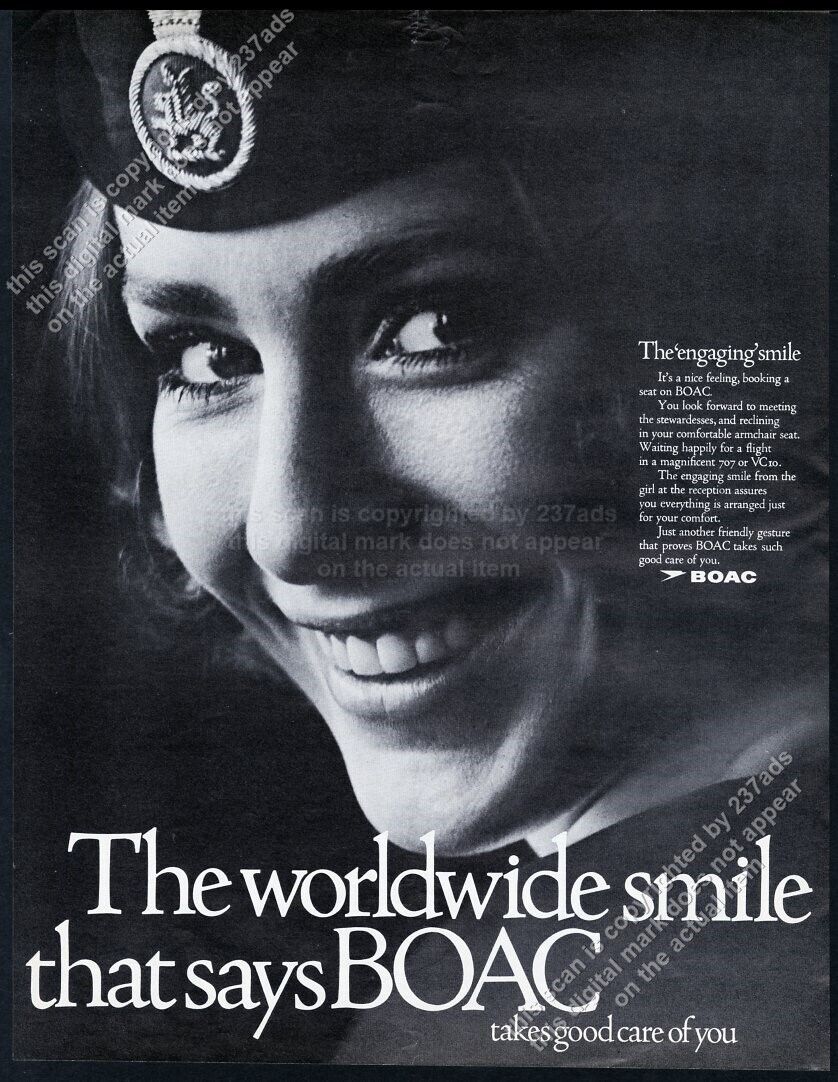 1969 BOAC B.O.A.C smiling stewardess photo vintage print ad