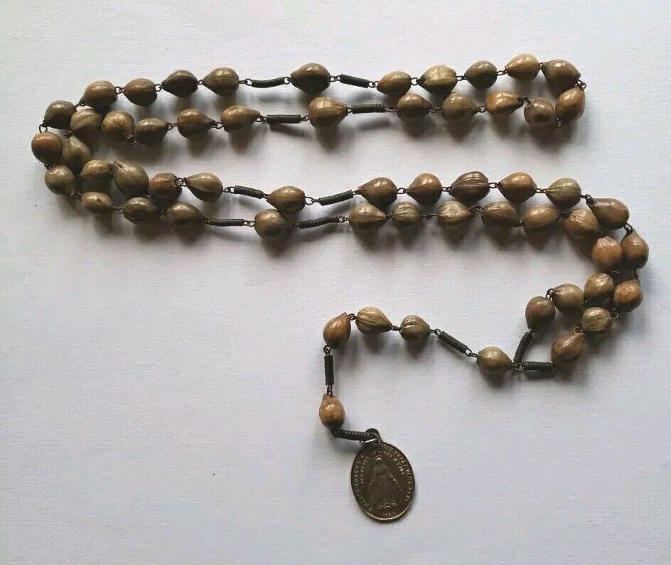 Antique Vtg Jobs Tears Seed Beads Rosary 19 1/2 Mary Miraculous Brass Medal 7/8