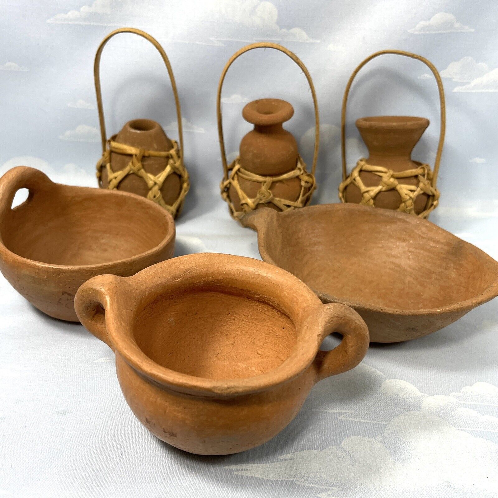 Vintage Primitive Mexico Clay Ceramic Unglazed Small Size Pots Bowls Lot of 6