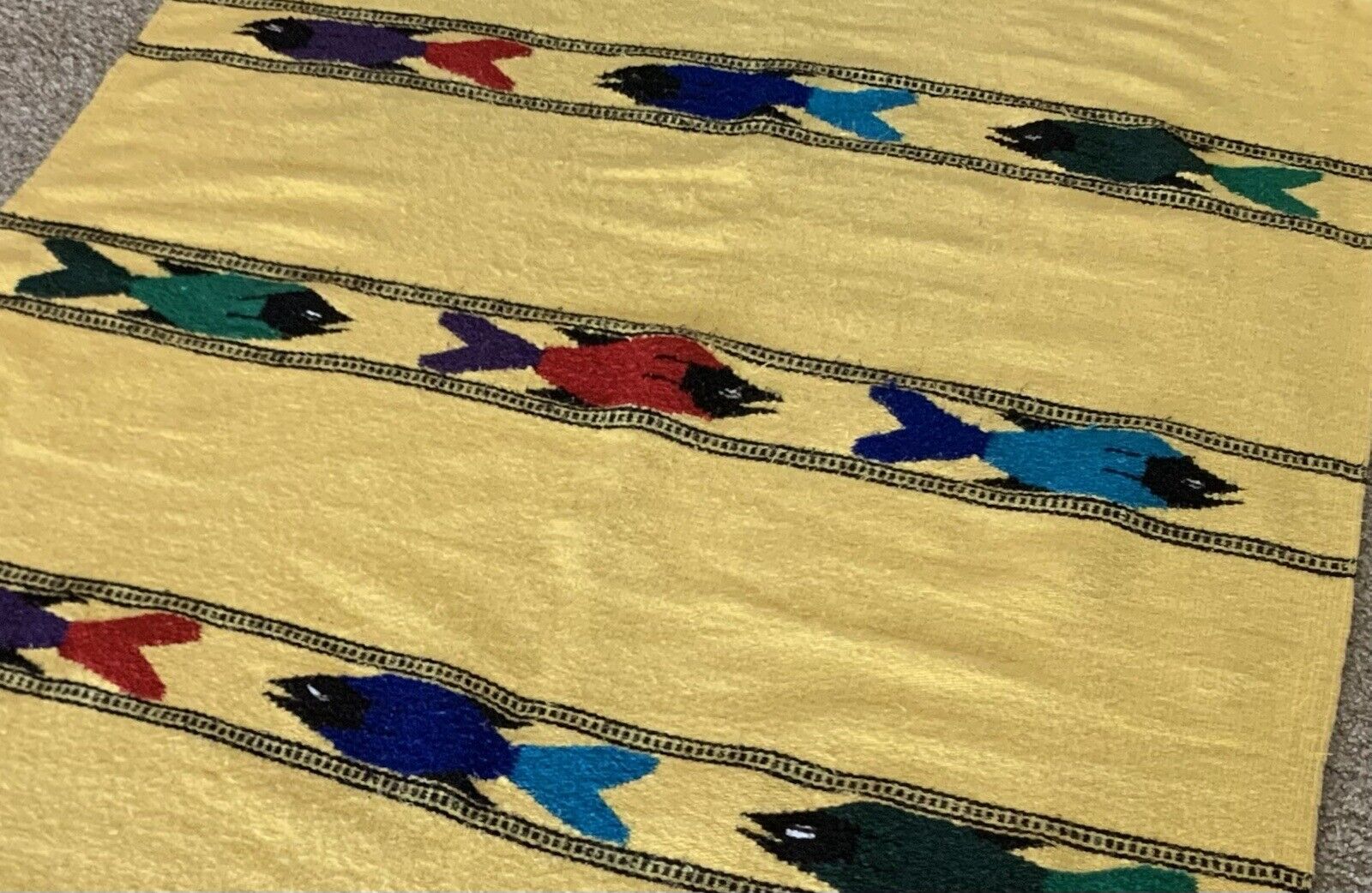 45x72 Heavy Primitive Folk Native Fish  Decor  Handmade  Vtg Blanket Textile Art
