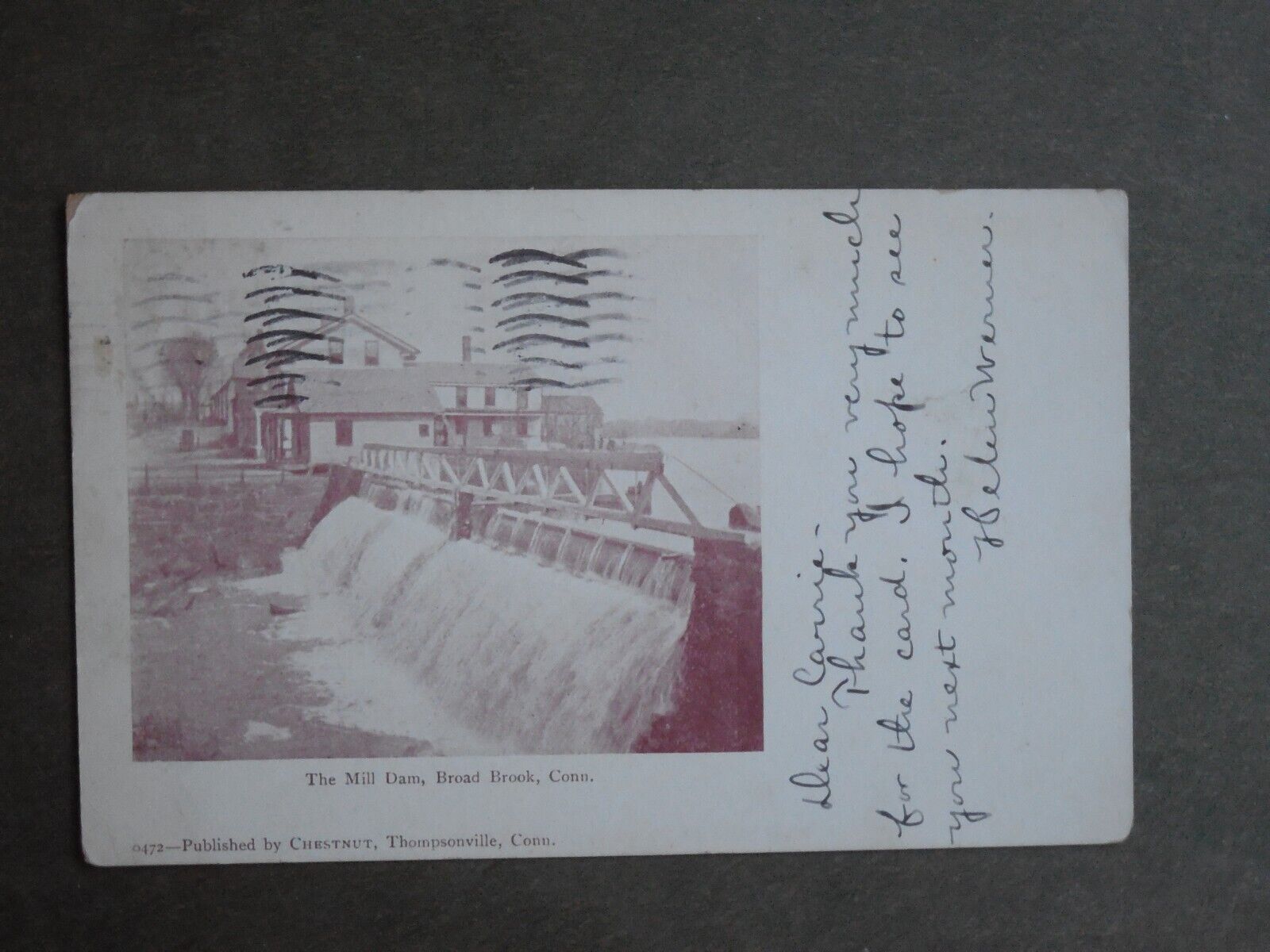 Postcard A49424  Broad Brook, East Windsor, CT  The Mill Dam  c-1901-1907