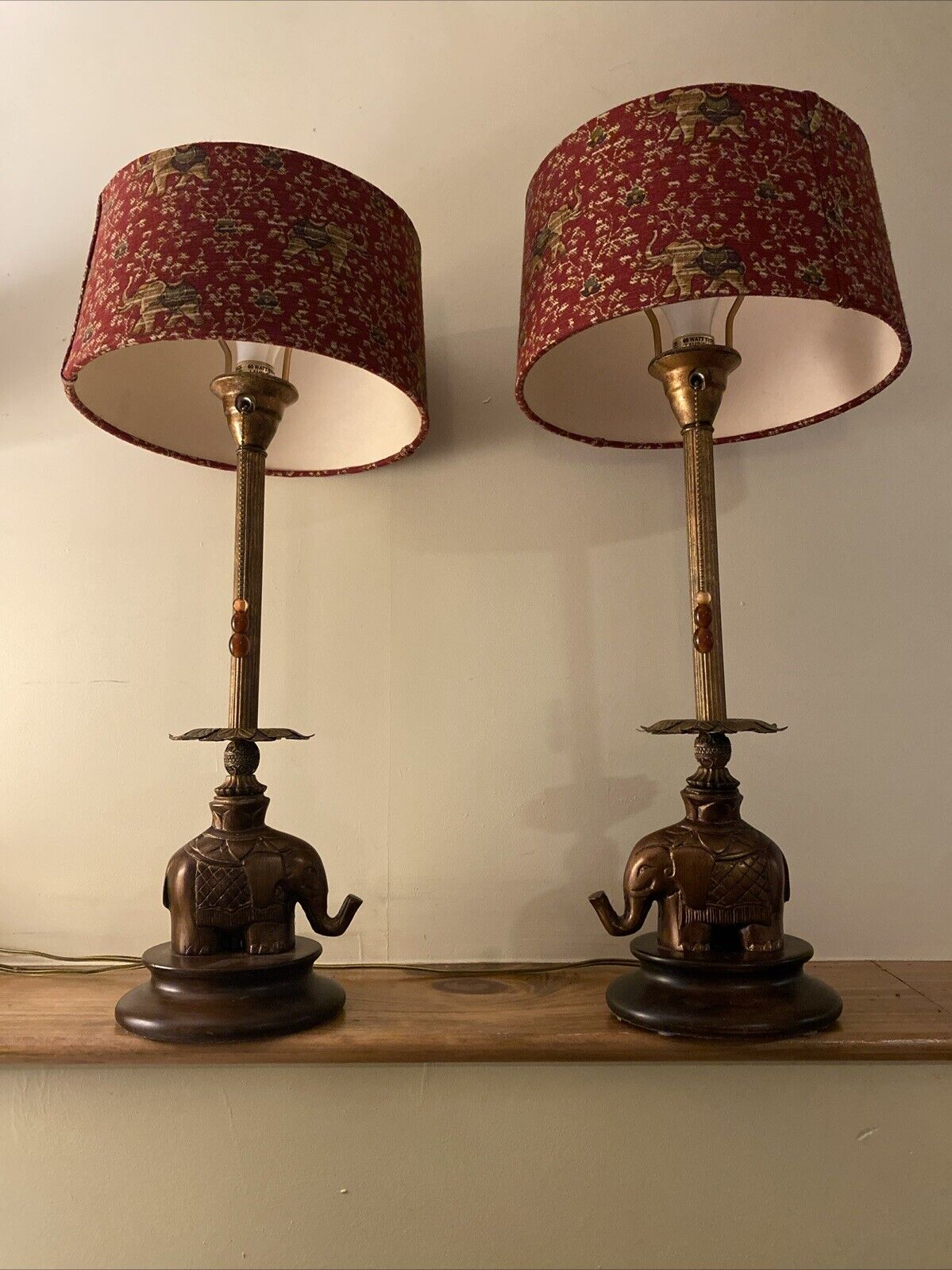 Set - 2 Vintage Tyndale Elephant Table  Lamps Wood Bronze Pull Chain Antique MCM