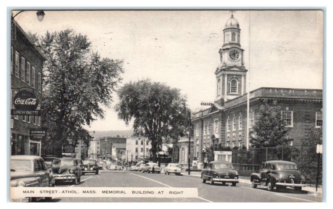 ATHOL, MA Massachusetts ~ MAIN STREET ~ Worcester County 1959 ~ Cars Postcard