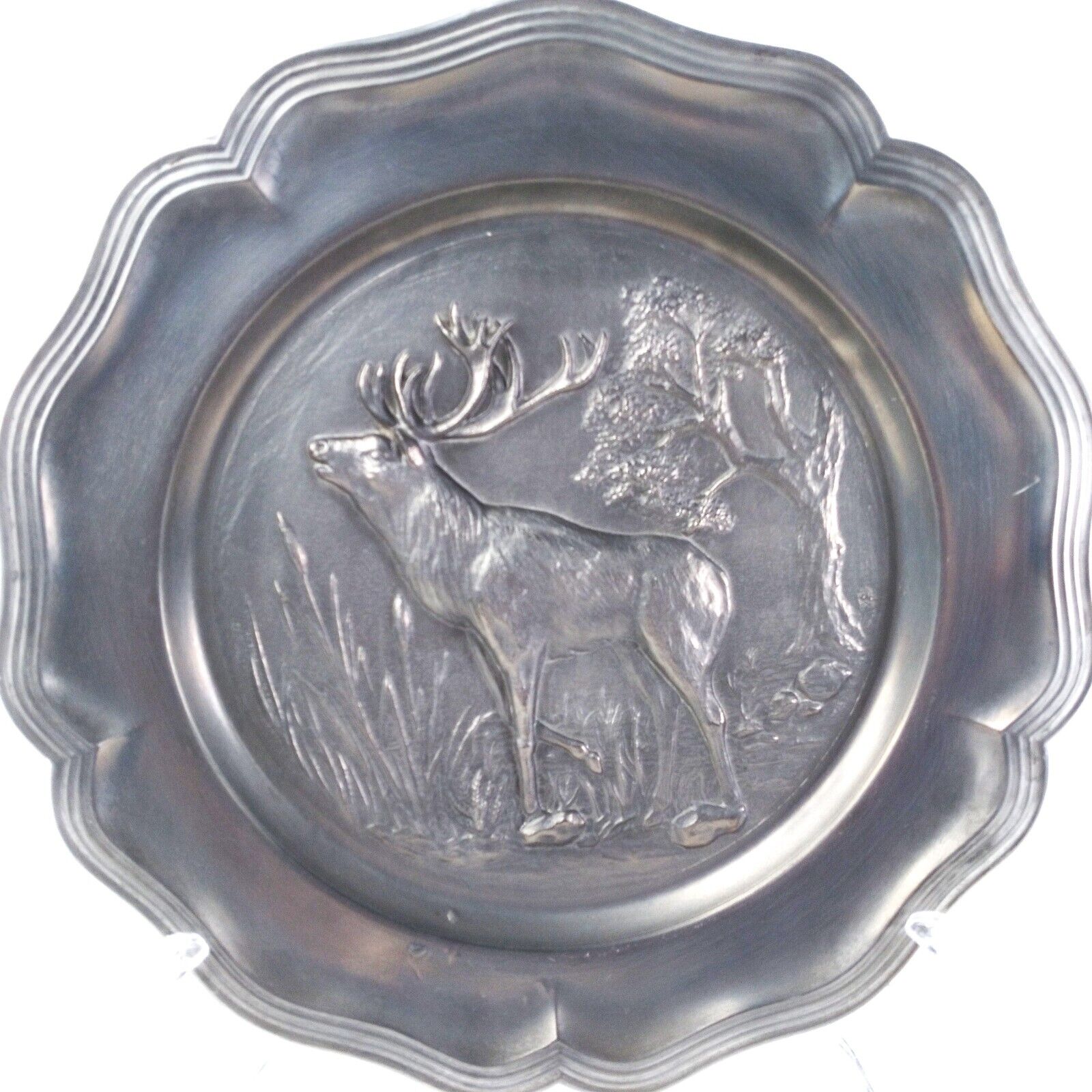 Vintage German Zinn Pewter Wall Plate Hunting Stag 10 Point - J998250 Scalloped
