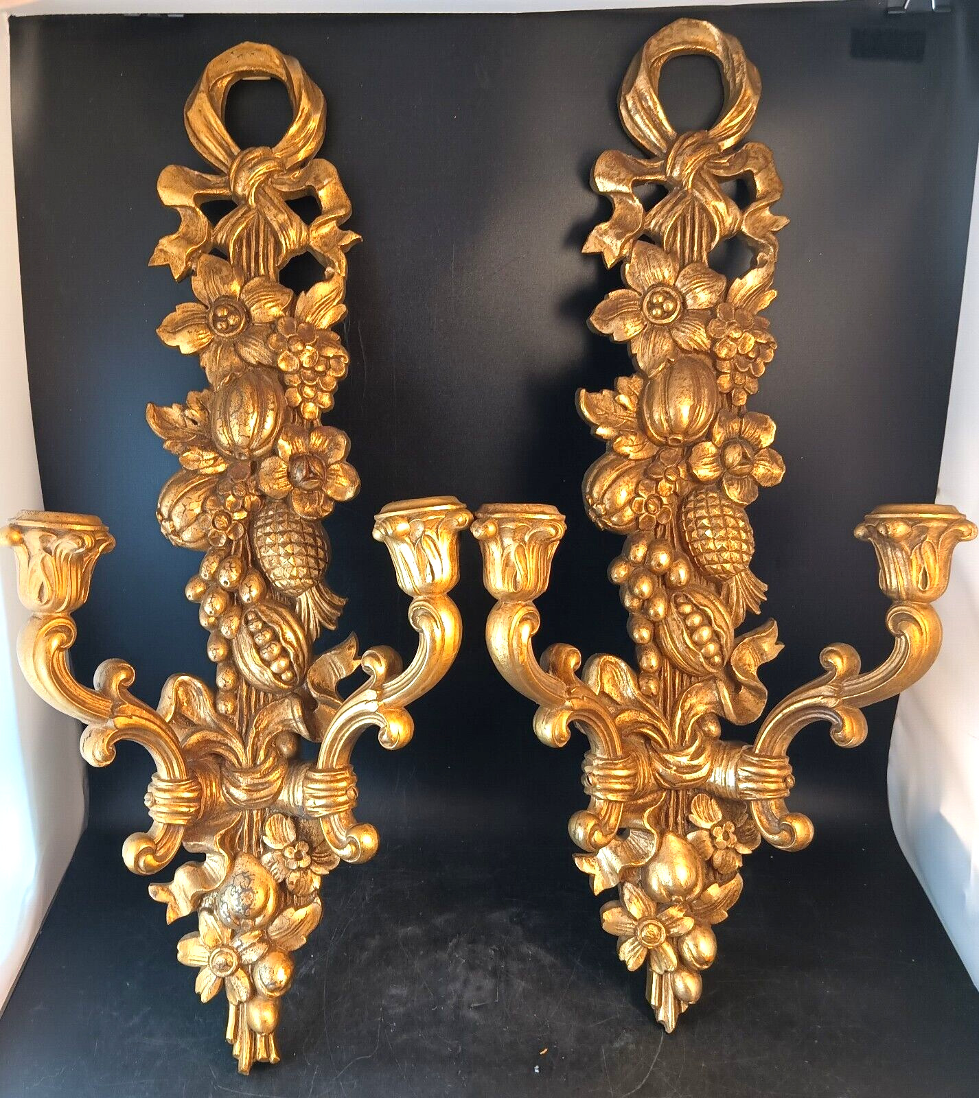 Gold Candle Wall Sconces By Syroco Hollywood Regency Ornate Gold MCM Decor   OBO