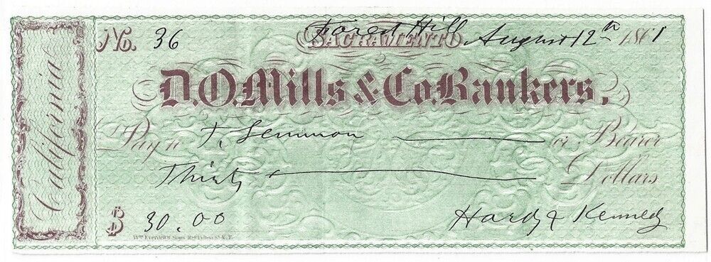 CIVIL WAR California 1861 $30 Beautiful Bank Draft