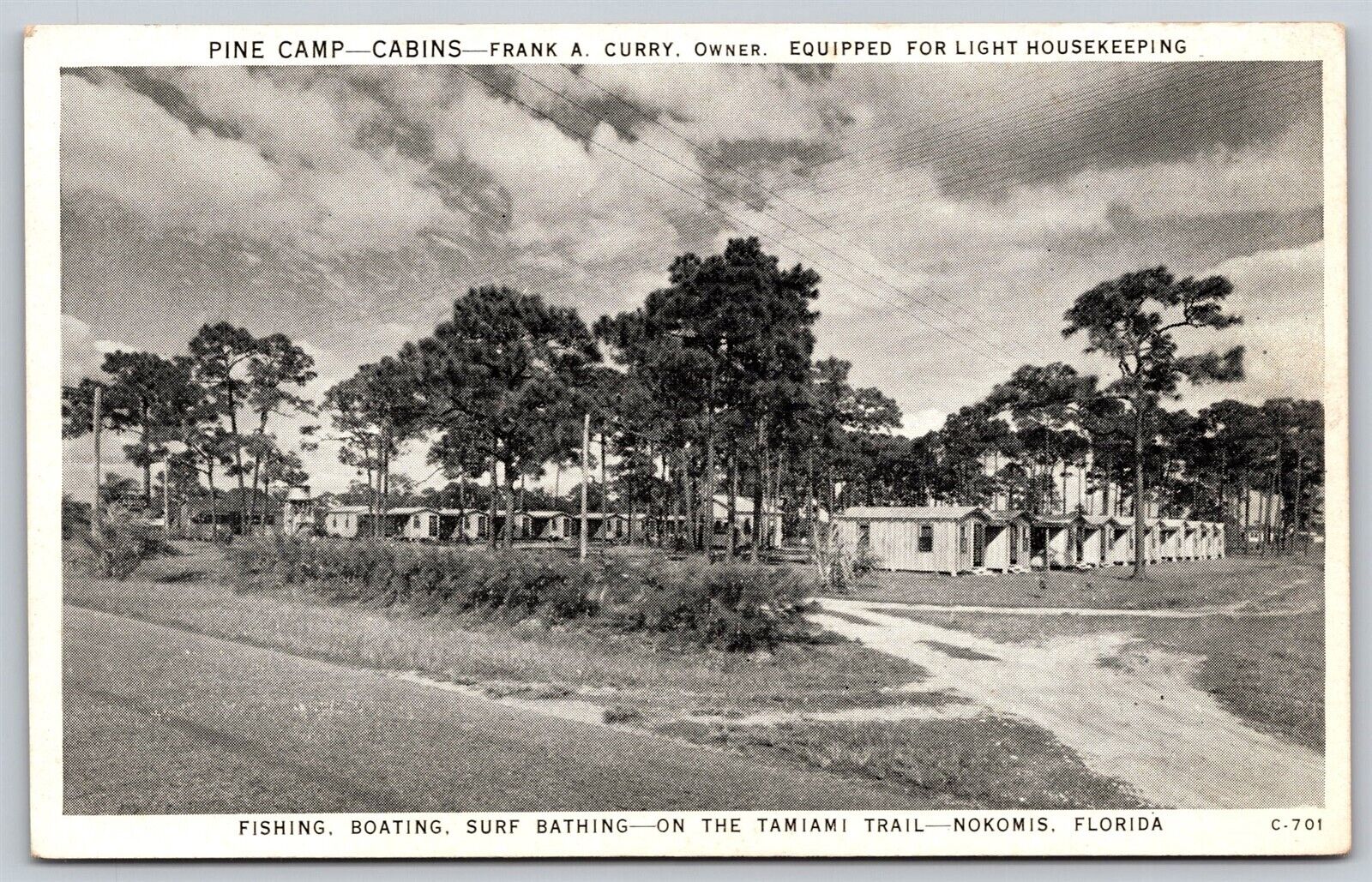 Postcard Pine Camp Cabins Nokomis Florida litho T184