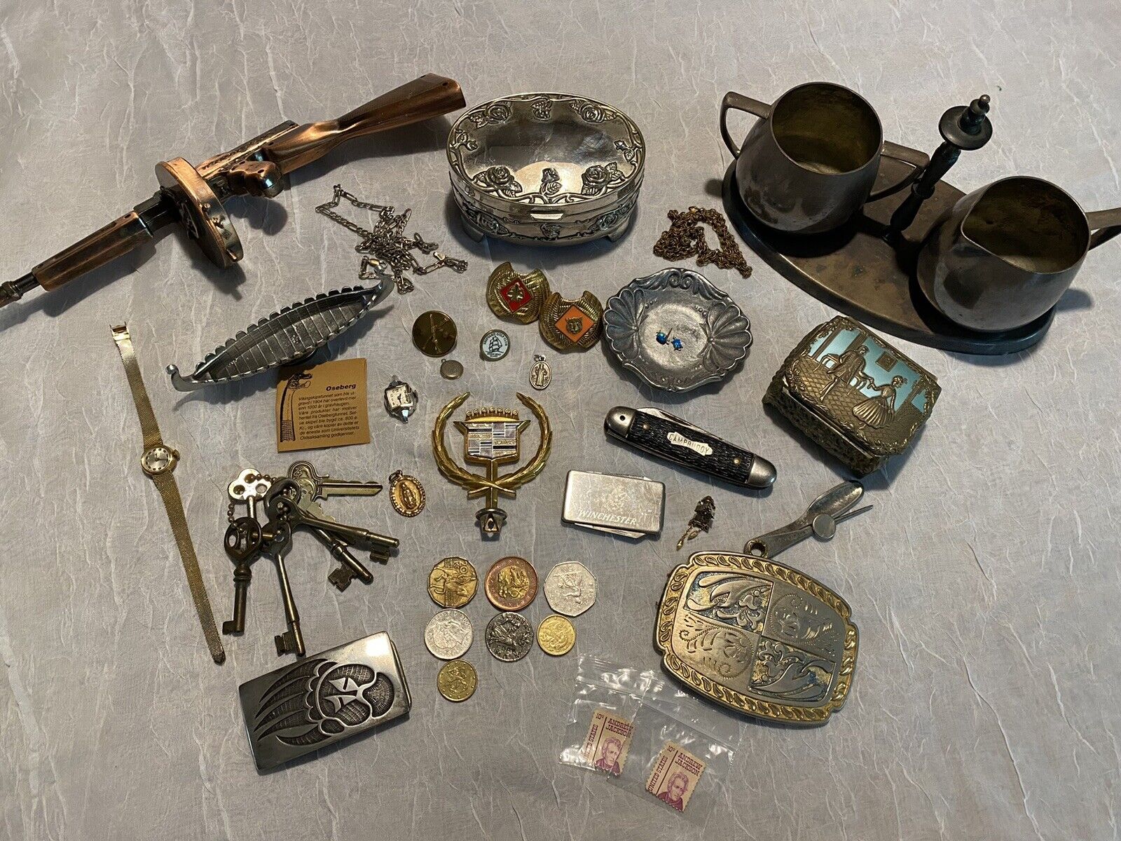 Vintage MixedLot Jewelry 14k Opals Thompson Gun Lighter Skeleton Keys And More