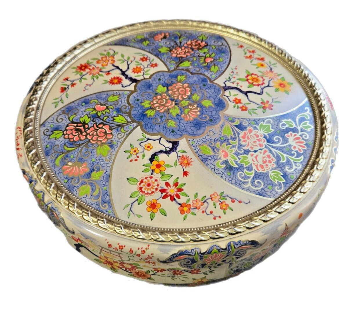 Vintage Round Floral Decorative Cookie Tin Ornate Made In Holland with Lid