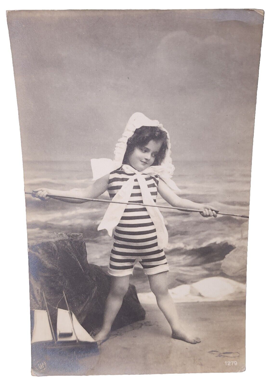 Antique RPPC Photograph Postcard Adorable Smiling Little Girl Swimsuit 1910