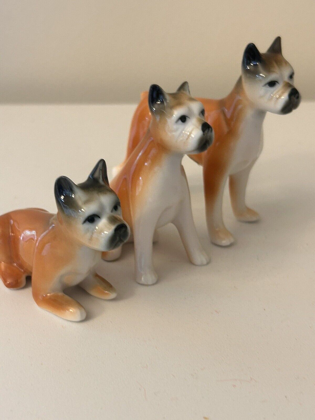 Set 3 Vintage Boxer Family Dog Puppy Miniature Bone China Figurines Tan Black