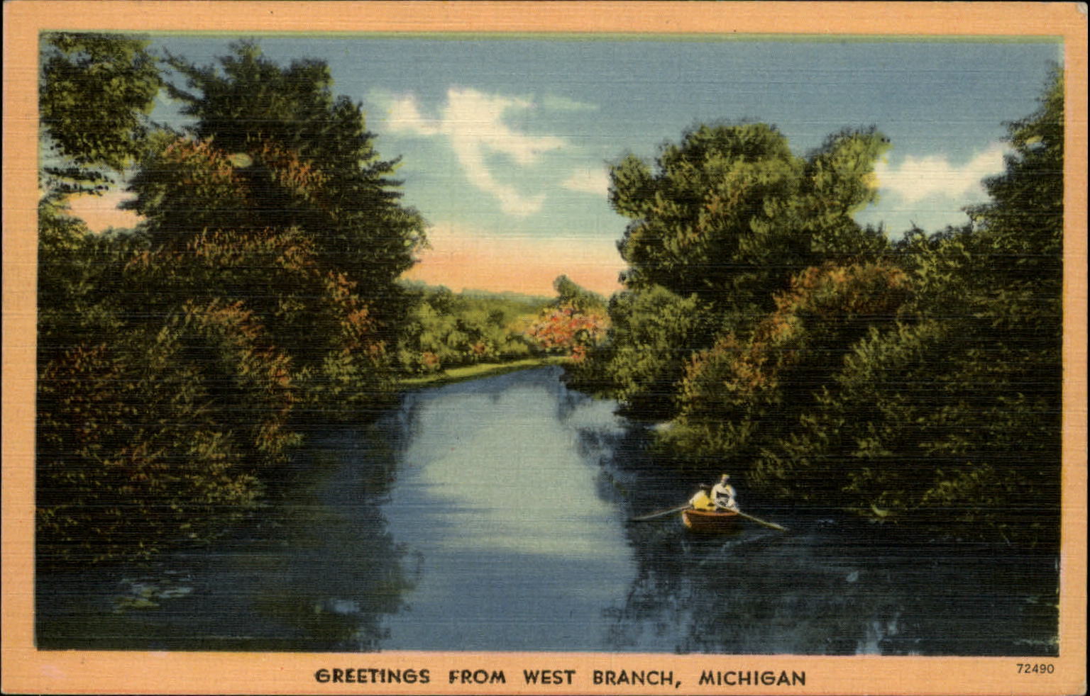 Michigan West Branch Greetings from canoe river ~ dated 1950 linen  sku499