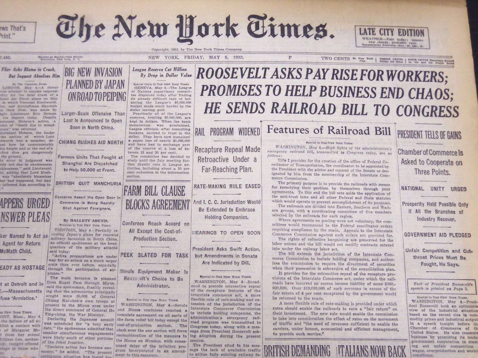 1933 MAY 5 NEW YORK TIMES - ROOSEVELT ASKS PAY RISE FOR WORKERS - NT 5254