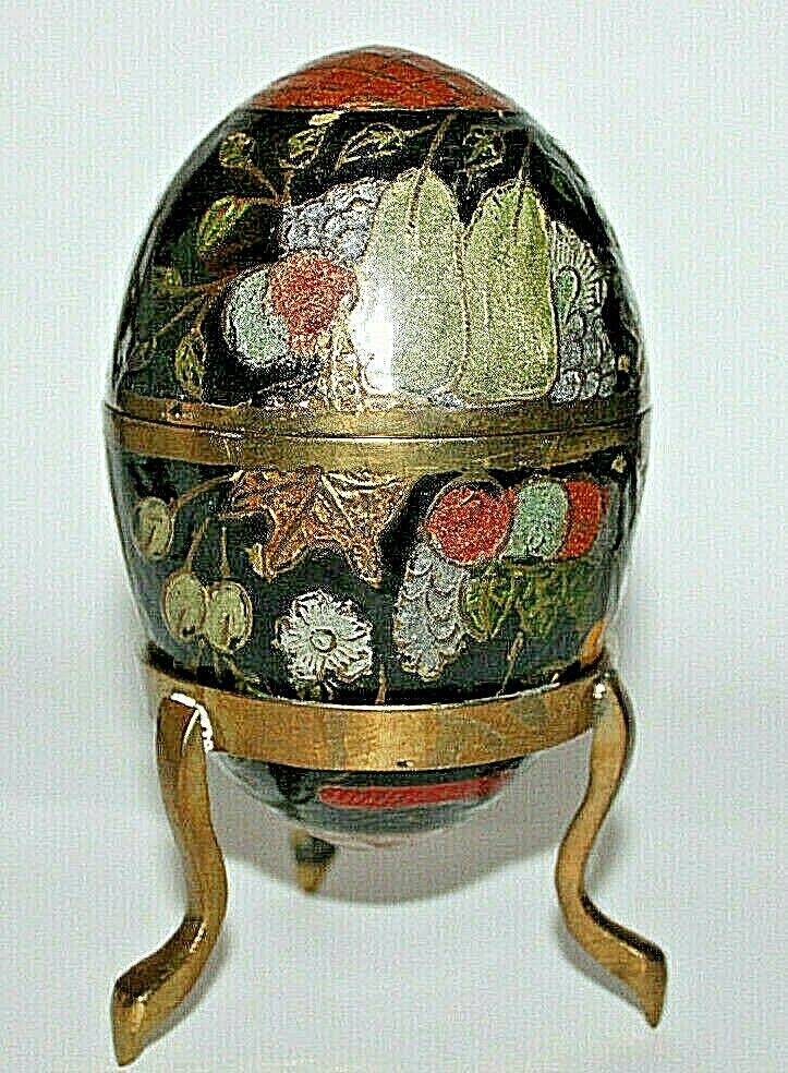 Hand Painted Enamel Solid Brass Trinket Box Cloisonné Egg 6 1/2\