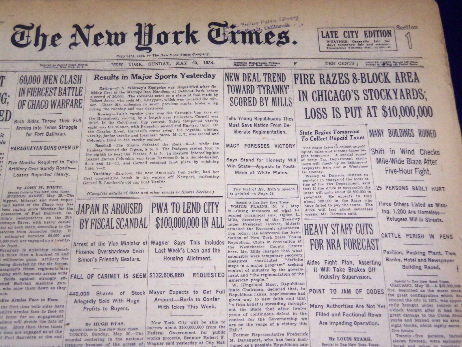 1934 MAY 20 NEW YORK TIMES - CHICAGO STOCKYARDS FIRE - NT 3992