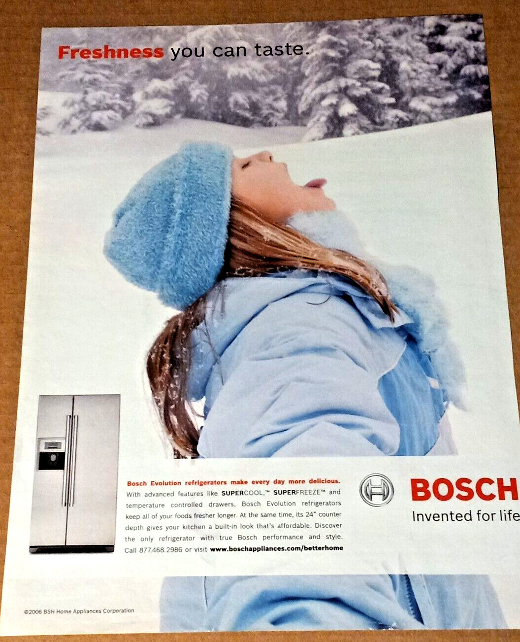 2006 print ad - Bosch appliances CUTE little girl snowflakes tongue Advertising