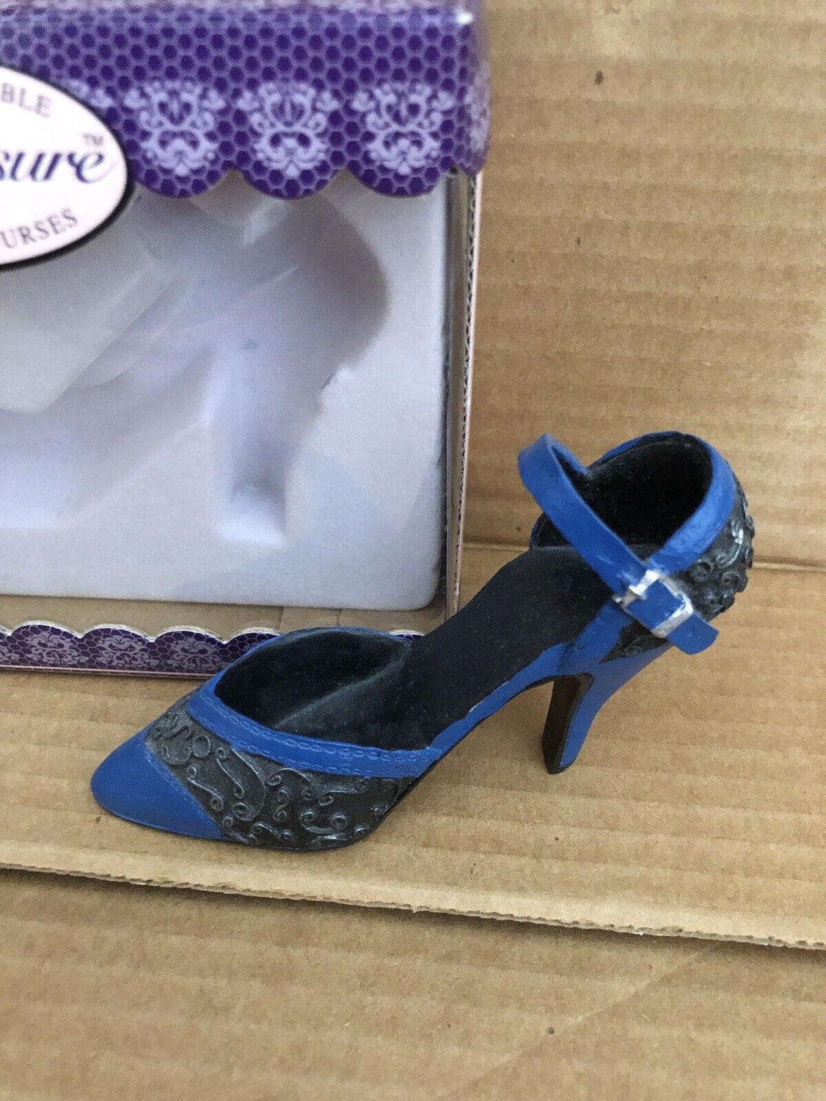 My Treasure Collectible Vintage Miniature Shoe Strappy Heel Blue Black Artsy