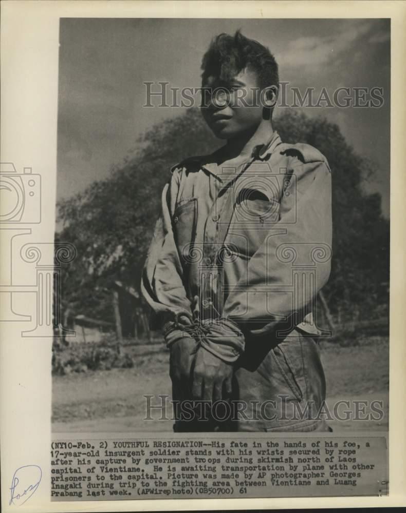 1961 Press Photo Laotian Loyalist Troops Capture 17-Year-Old Insurgent Soldier