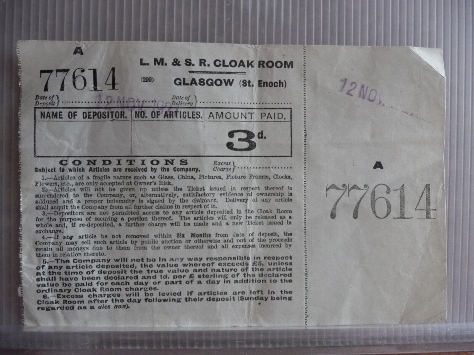 EA13 - 087 - LMS - Glasgow (St Enoch) Cloak Room 3d Ticket - 1921