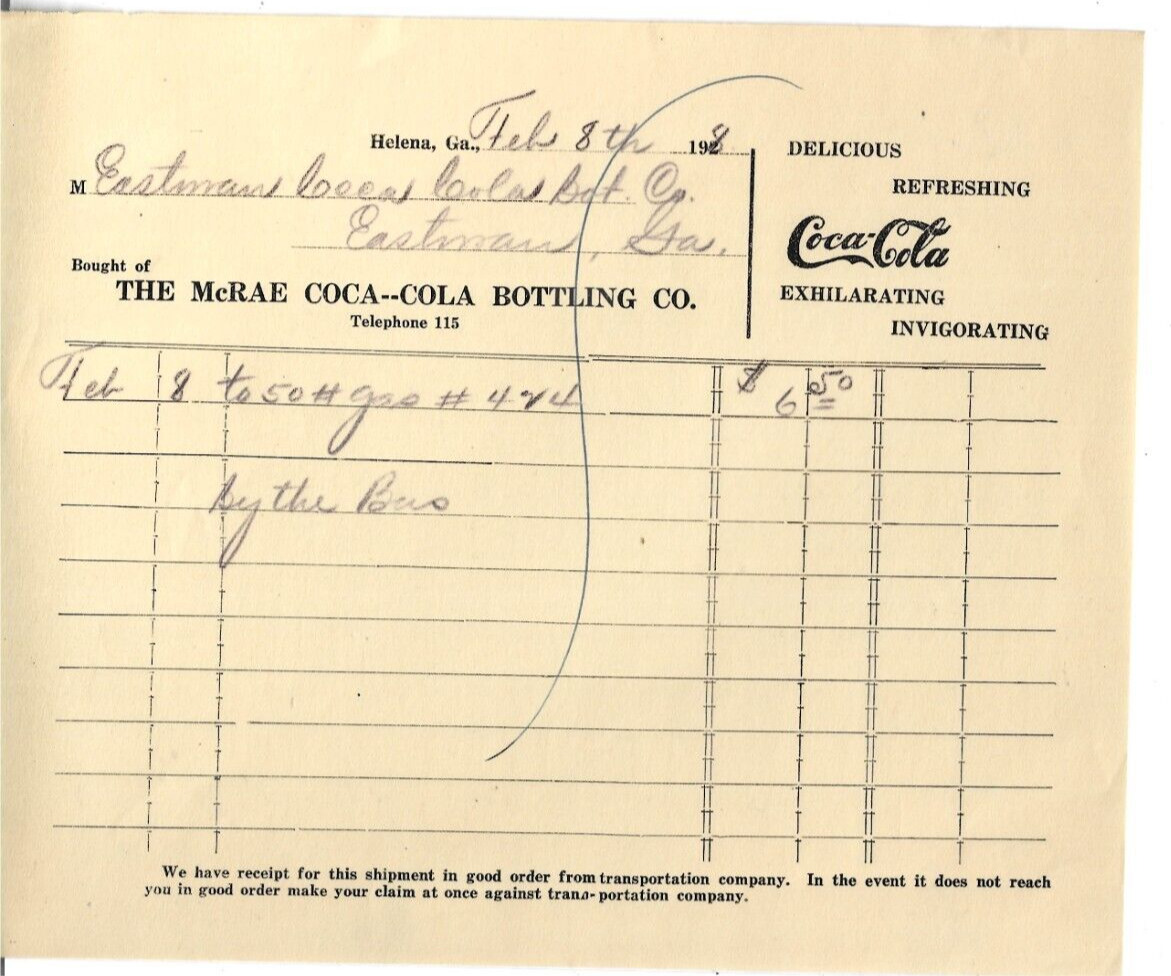 THE McRAE COCA-COLA BOTTLING CO. INVOICE DATED FEB. 8th, 1928