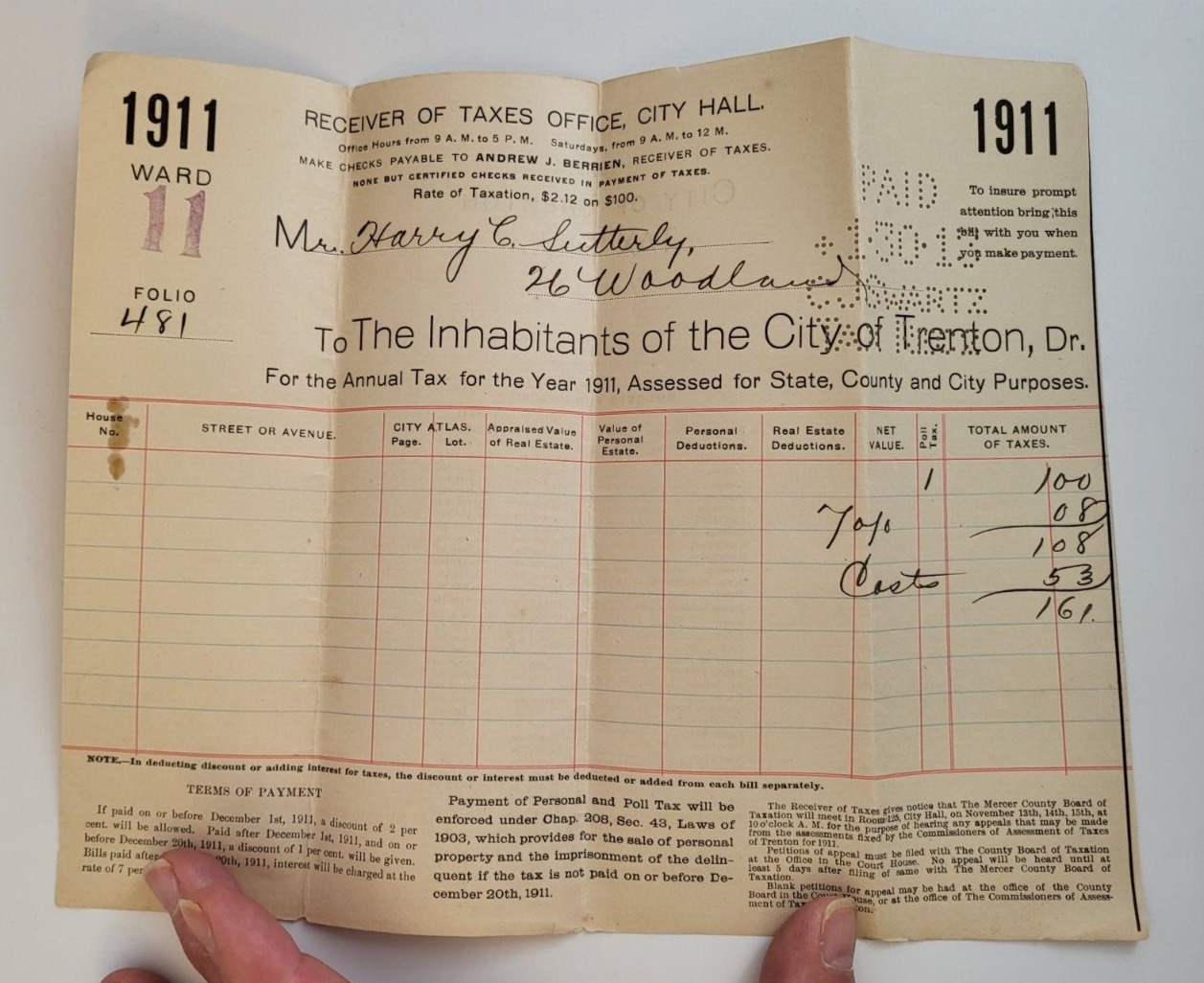 Vintage  Trenton NJ  1910/1911 City Tax Bills