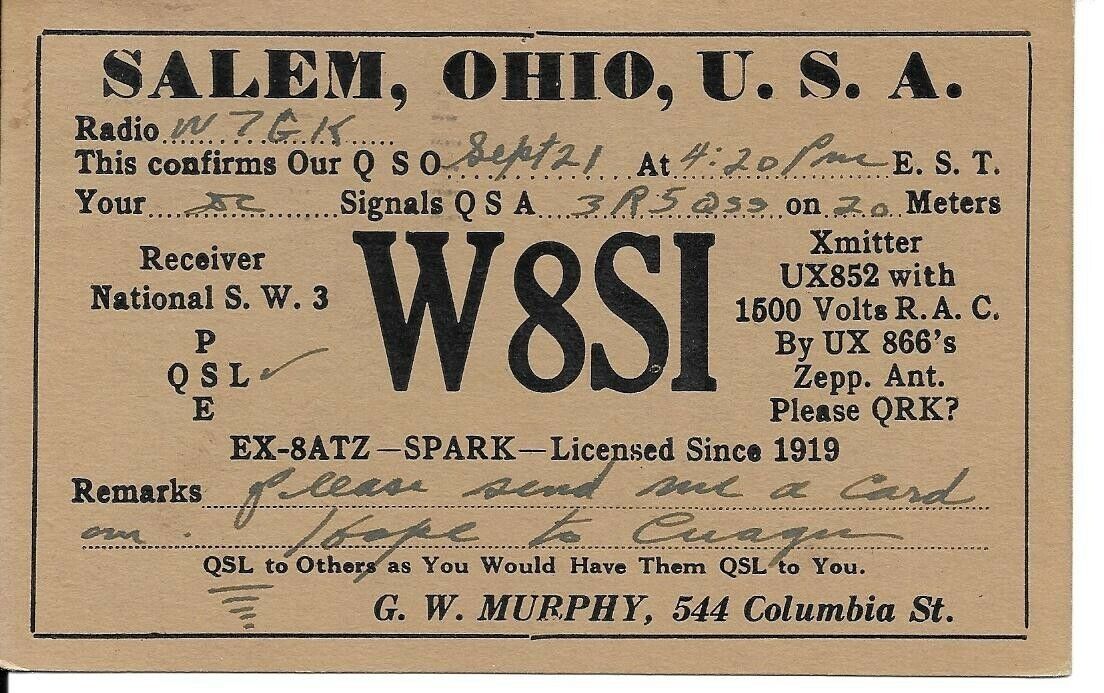 QSL  1932 Salem OH   radio card