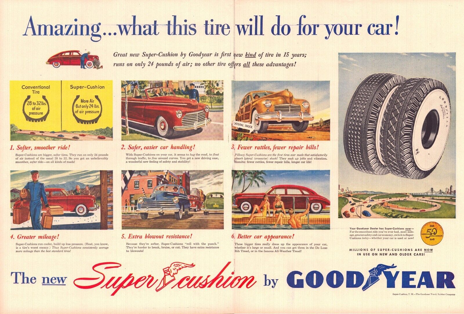 1948 Goodyear Tire Super Cushion 50th Anniversary Vintage Ad