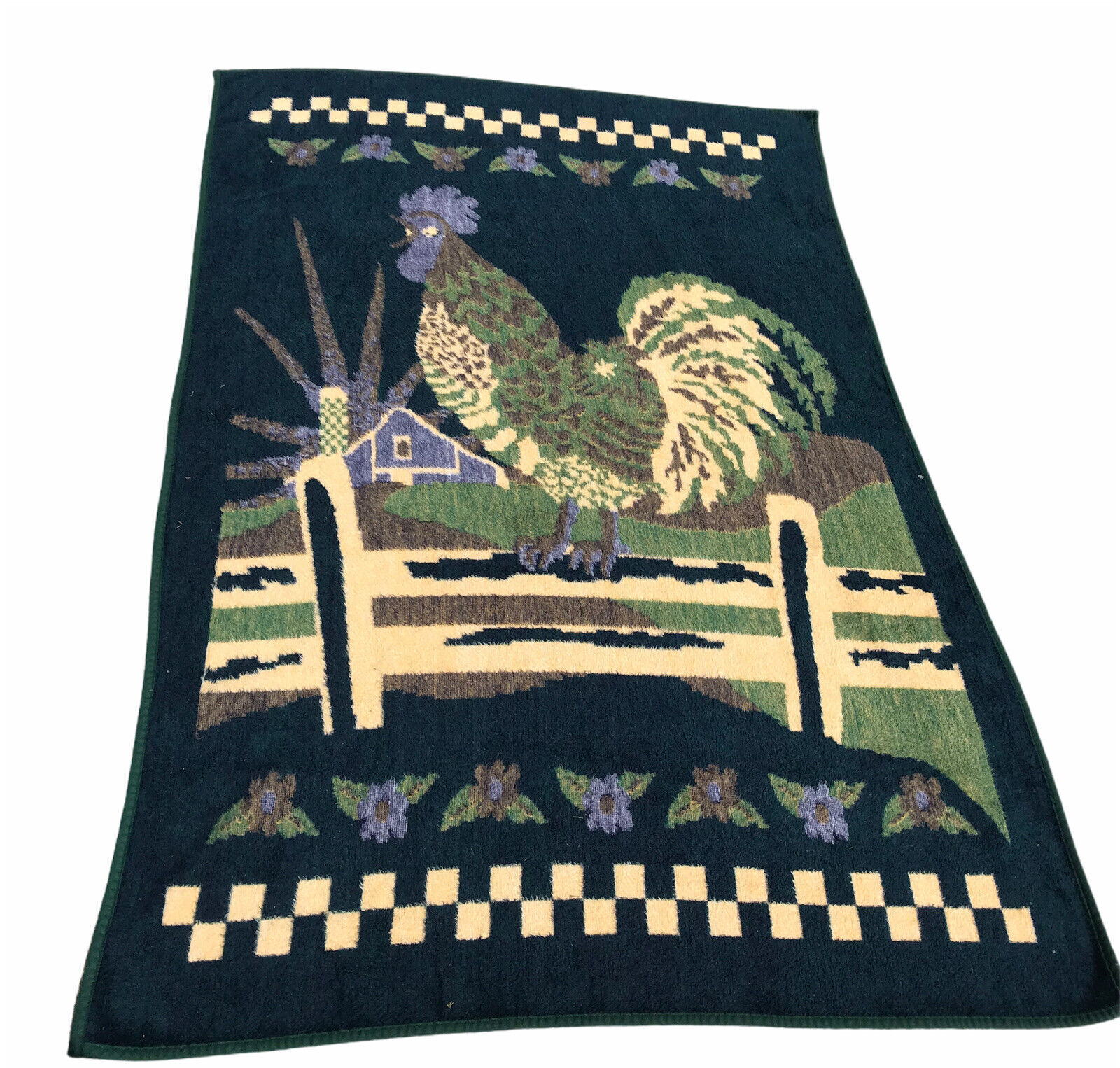 Vintage Rooster Blanket Throw Green Yellow Reversible  84\