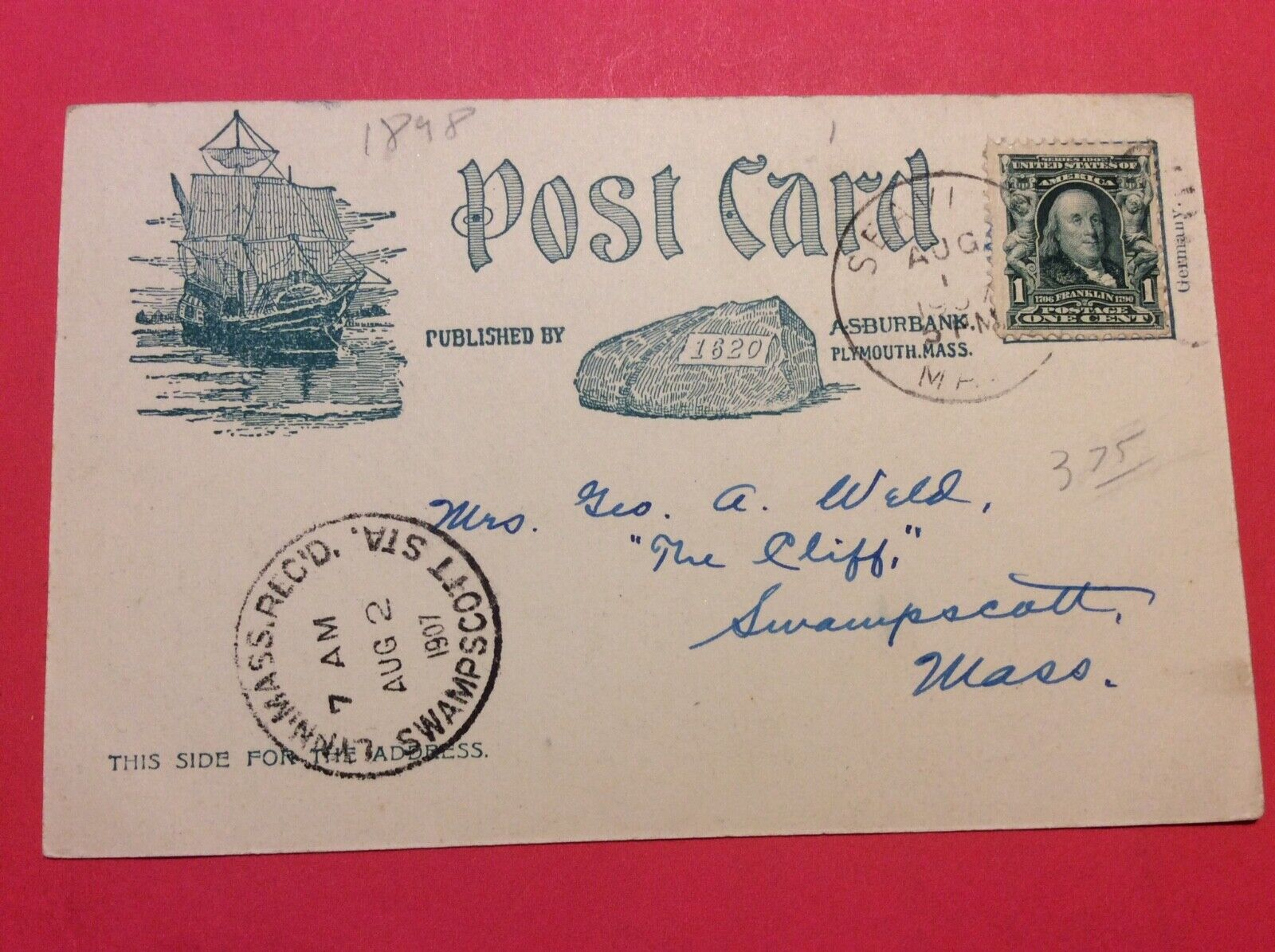 Vintage Post Card with U.S. 1 cent B. Franklin Stamp series 1902