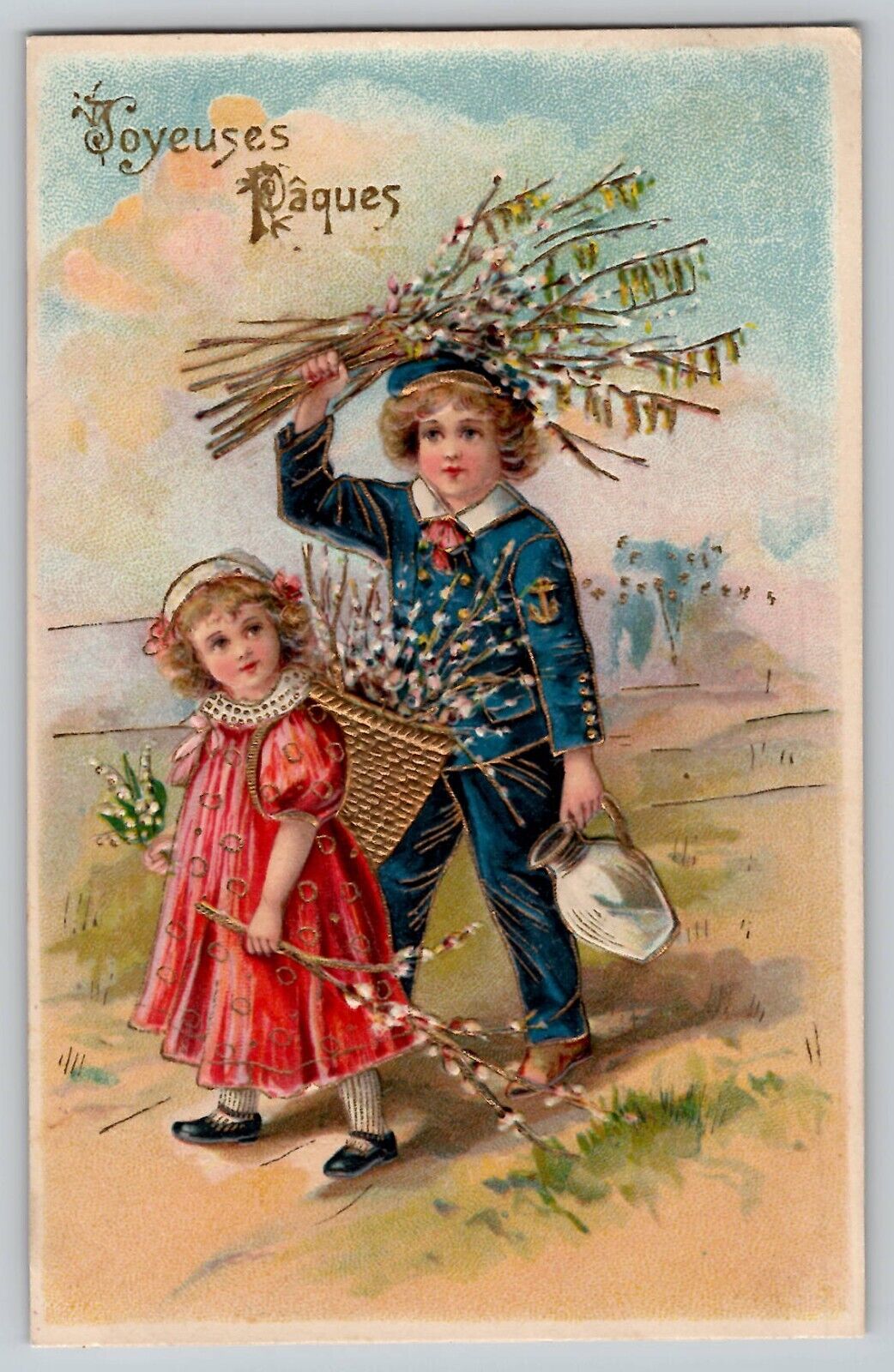 Joyeuses Paques Happy Easter Children Boy Girl Flowers Vtg French Postcard 1907