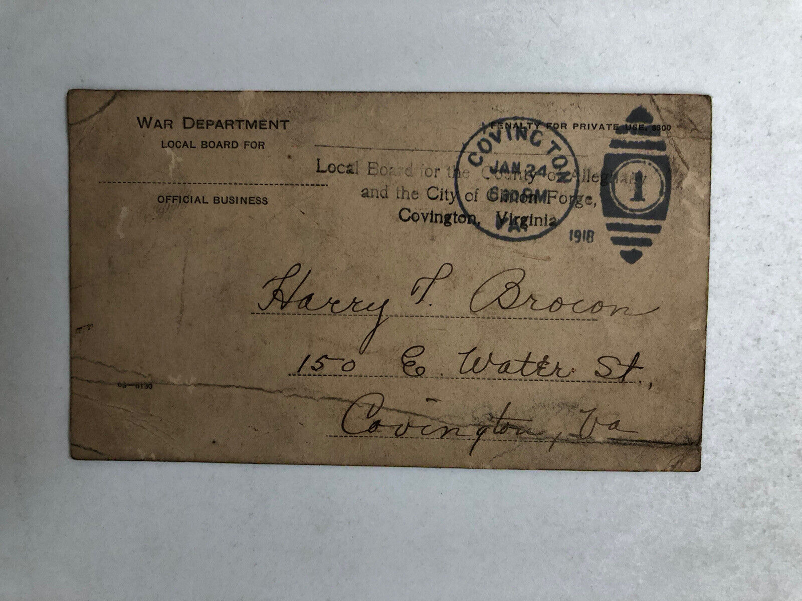 WWI - War Dept Notice of Classification 4A - Covington VA - 1918 Postcard