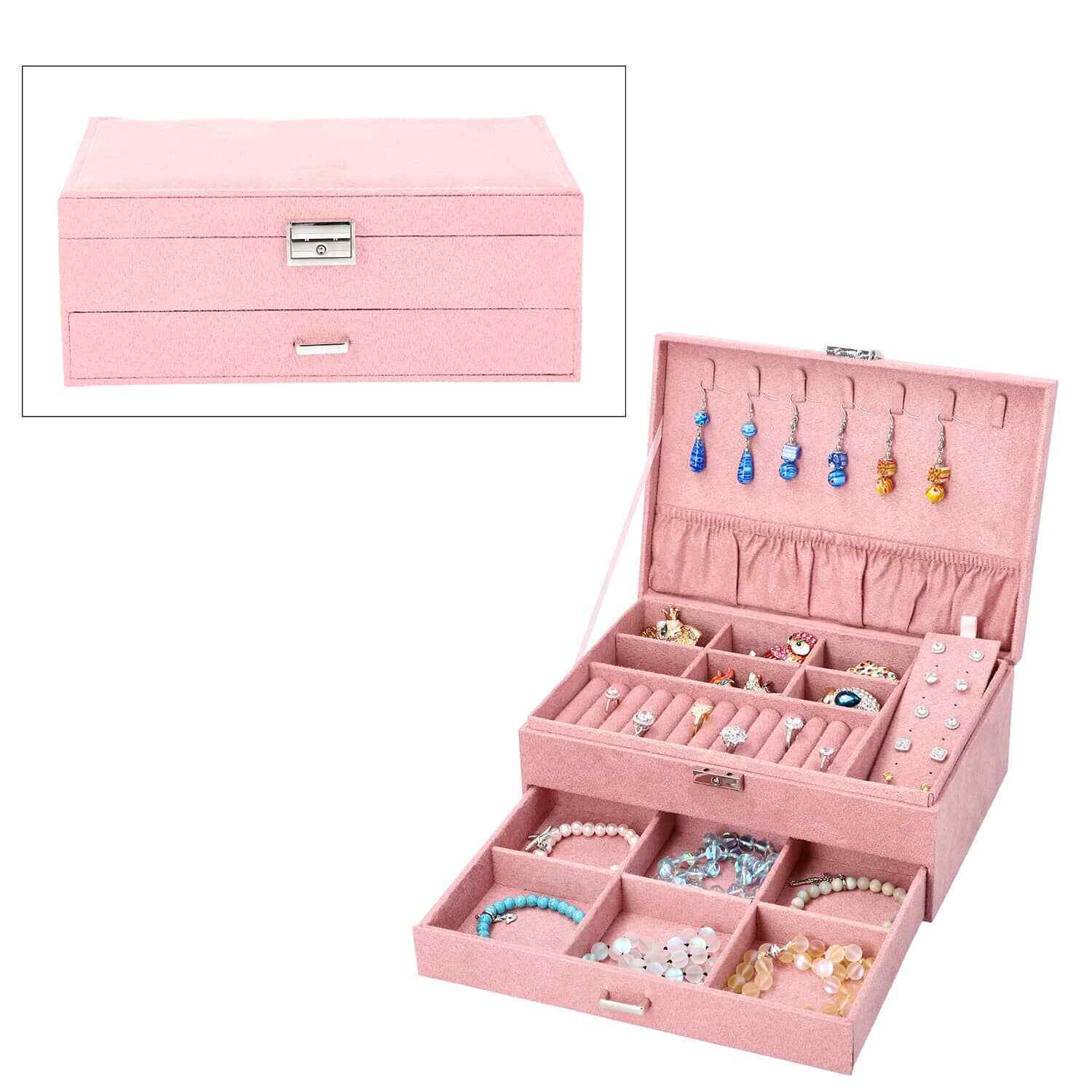 Jewelry Box Pink Velvet 2 Layer with Lock and Key Anti Tarnish Scratch Resistant