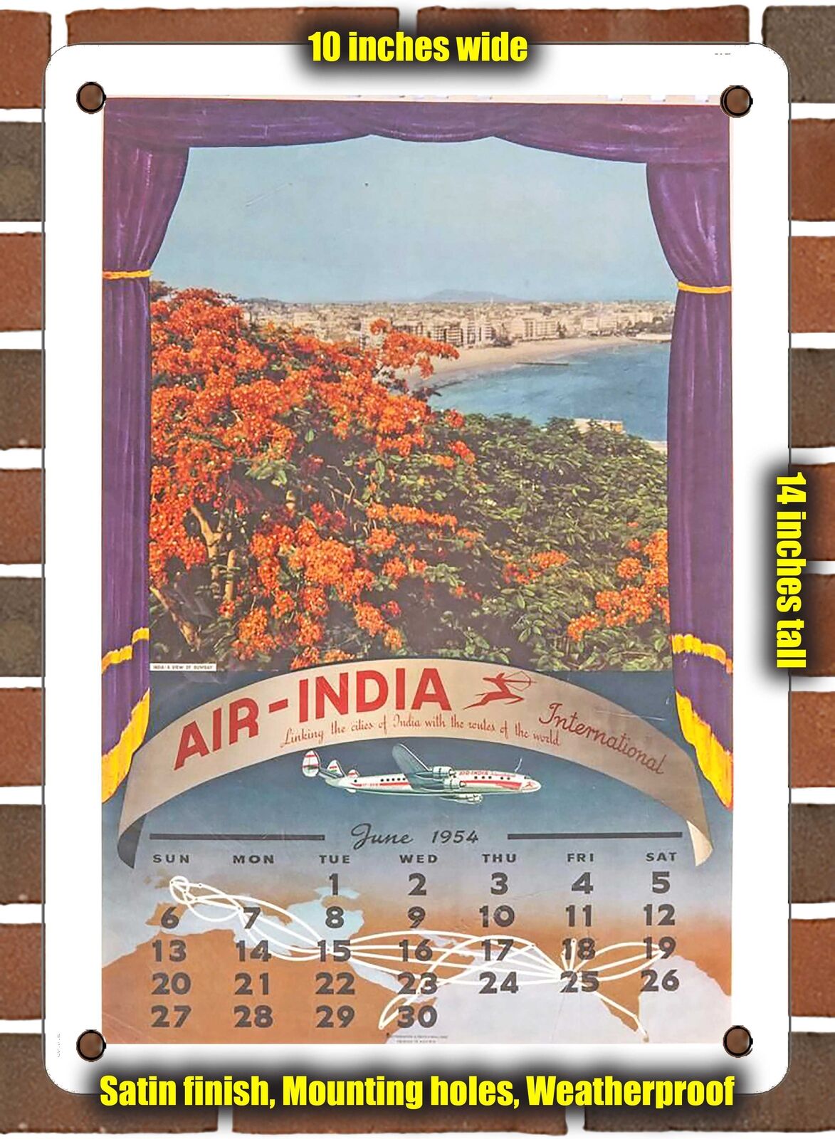 METAL SIGN - 1954 Air India International Calendar June 1954 - 10x14 Inches