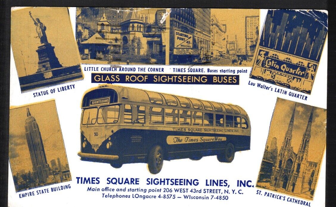 Postcard New York NY Times Square Glass Roof Sightseeing Bus Chrome Posted 1958